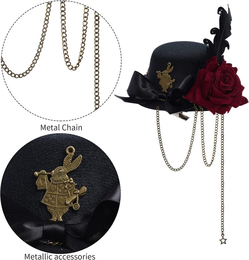 Heliltd Helitd Steampunk Mini Hat Hair Clip for Halloween Parties, Women and Men, with Rose Flower, Feather, and Chain - Image 3